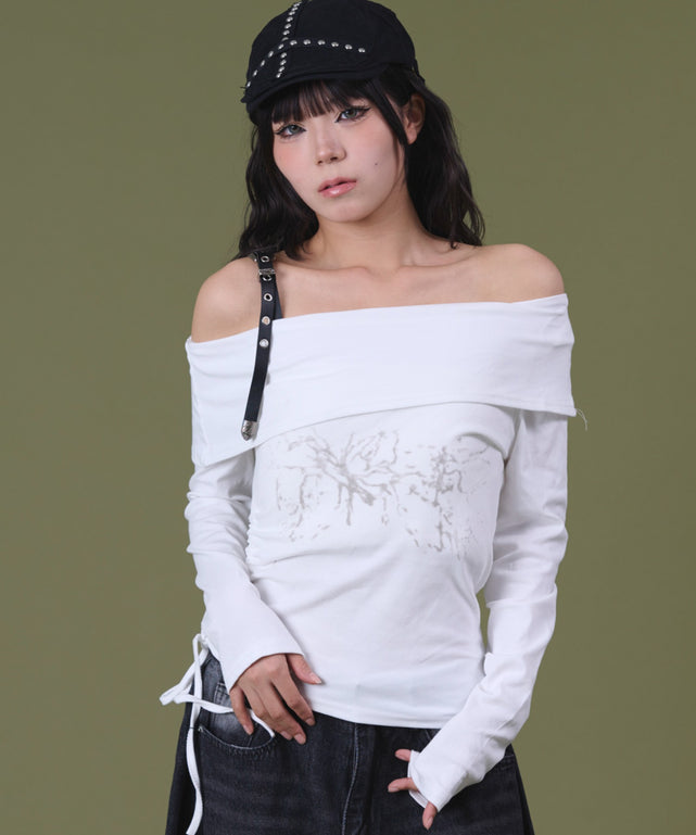 ベルトショルダーサイドギャザートップ/ホワイト モデル：160cm F着用