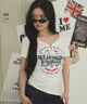 スタッズジップVネックSS　Tシャツ/ホワイト モデル：163cm F着用