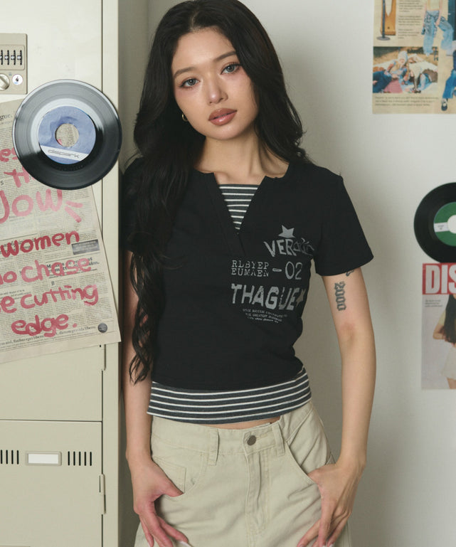ストライプレイヤードクロップドT/ブラック モデル：163cm F着用
