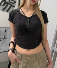 マルチボタンヘンリードロストTシャツ