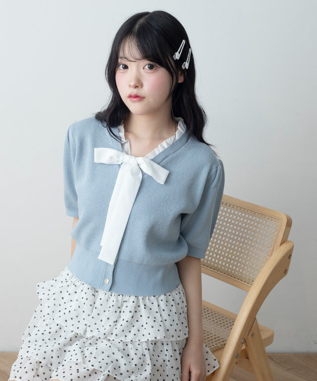 リボンニットカーデ/サックス モデル：155cm F着用