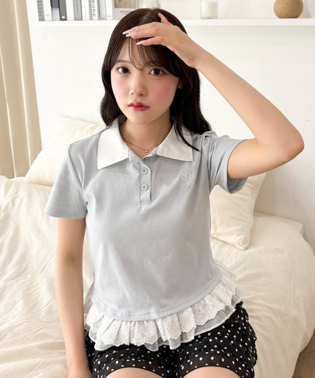 レースヘムワンポイント襟付きTシャツ/サックス モデル：155cm F着用