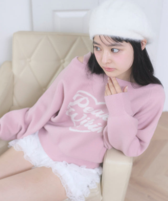 ハートワンショルニット/ピンク モデル：160cm F着用