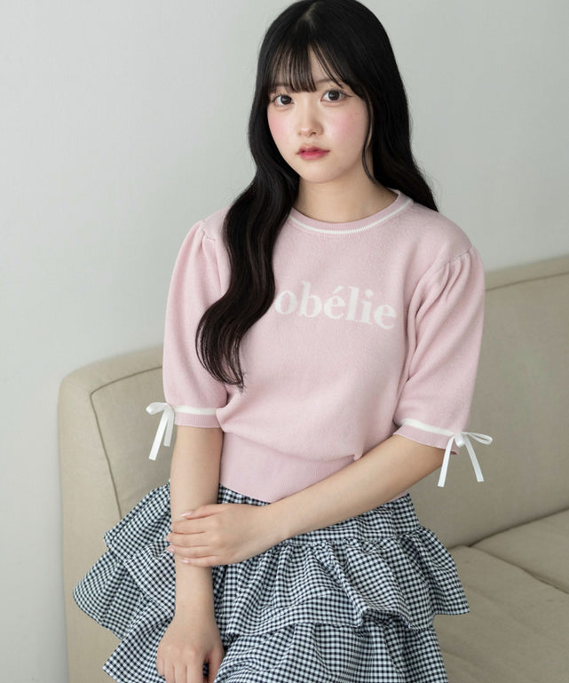 メッセージリボンポイントSSニット/ピンク モデル：155cm F着用