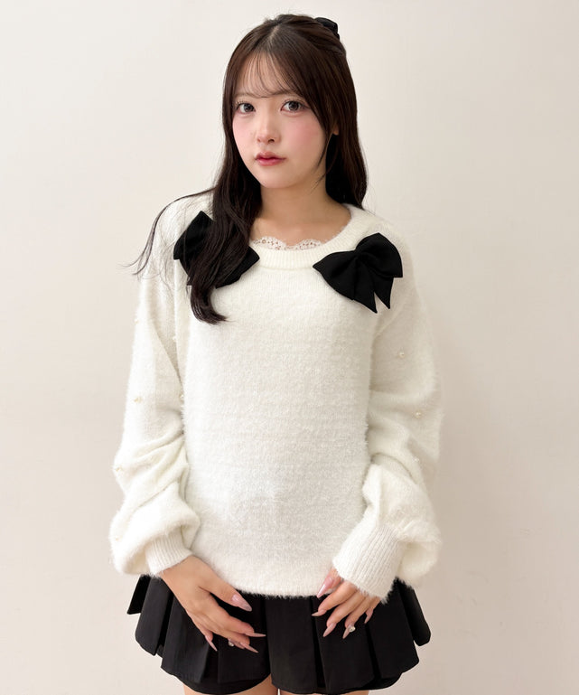 パールドットリボンフェザータッチニット/ホワイト モデル：155cm F着用