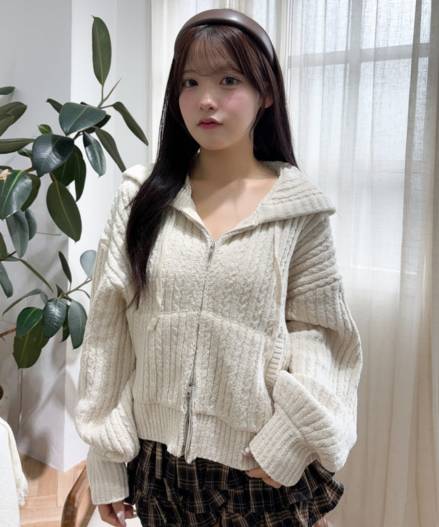 モールニットショートパーカー/ホワイトアイボリー モデルアイボリー：155cm F着用