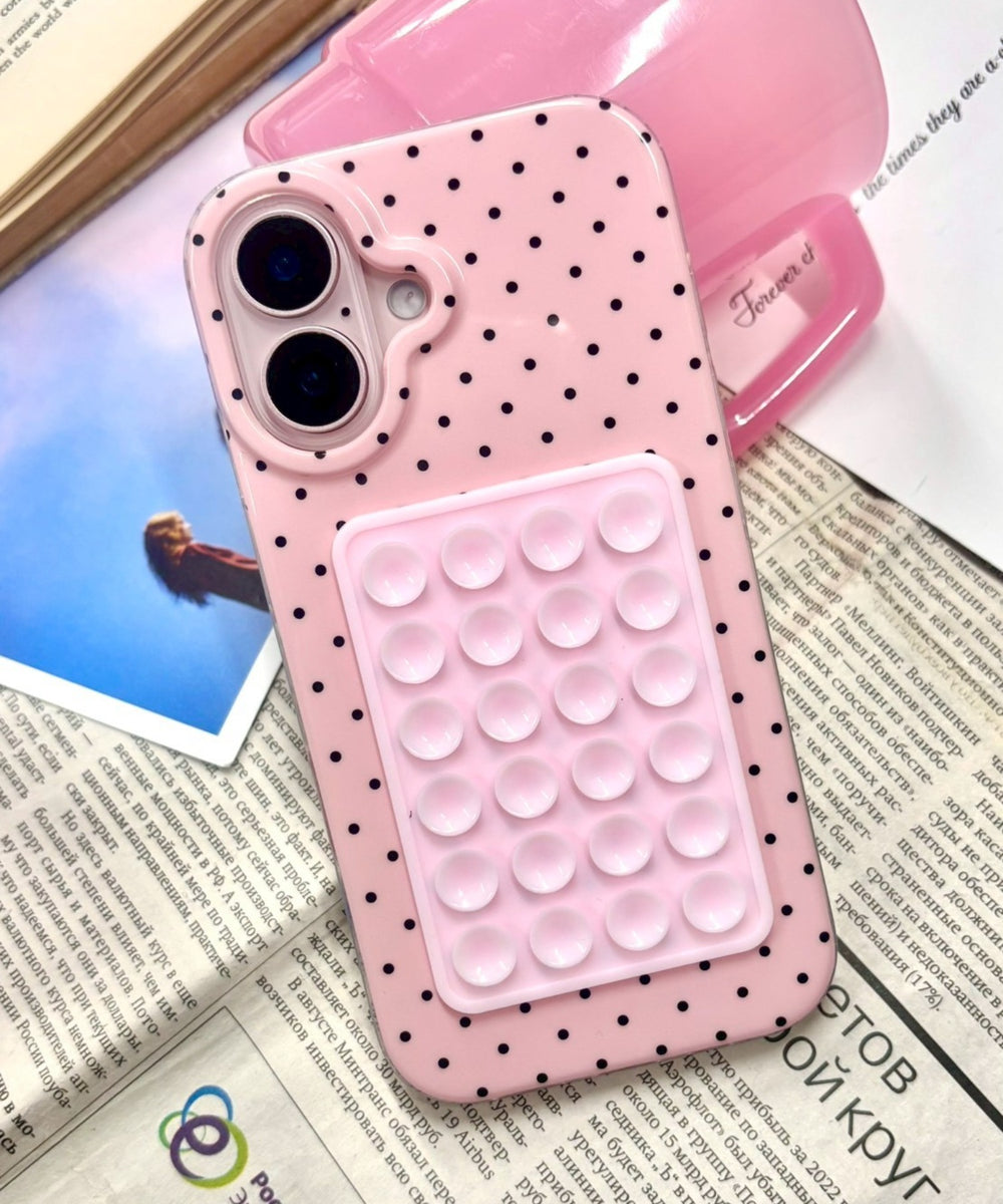 吸盤付きドットiphoneケース（ピンク）