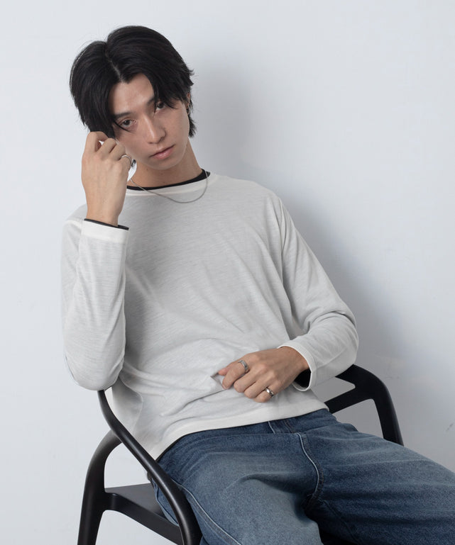 ルーズネックスラブT(LS)/ホワイト モデル：180cm L着用