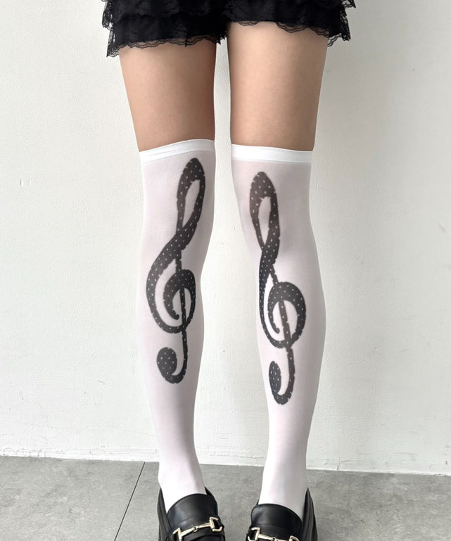 音符柄シアーニーハイソックス(23-25cm)/ホワイト