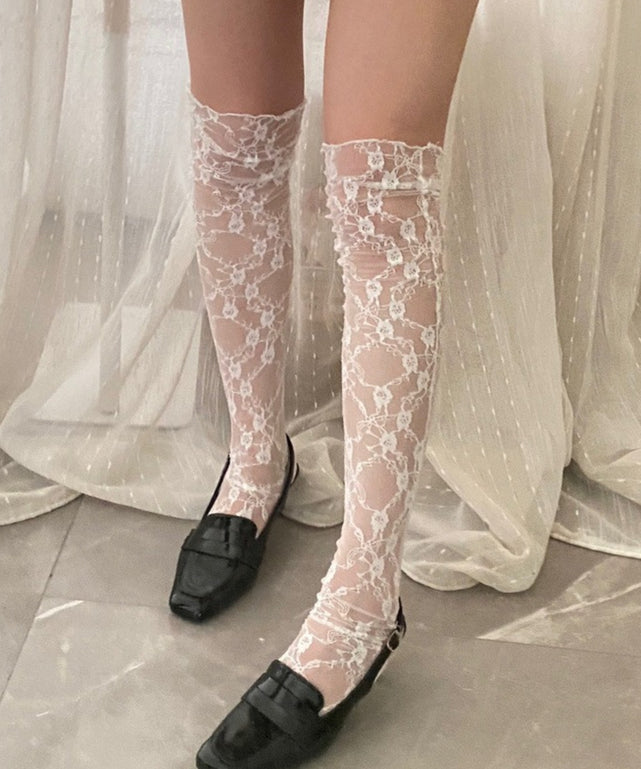 総レースハイソックス (23-25cm)/ホワイト