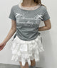 リボングラフィックサイドドロストTシャツ/杢グレー モデル：160㎝ F着用