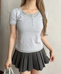 フェイクレイヤードヘンリーネックTシャツ
