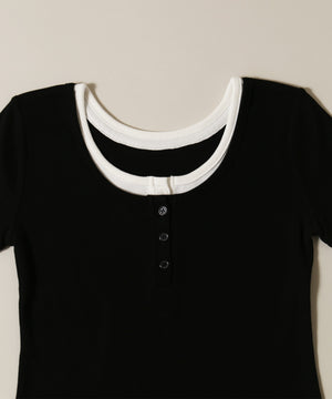 フェイクレイヤードヘンリーネックTシャツ