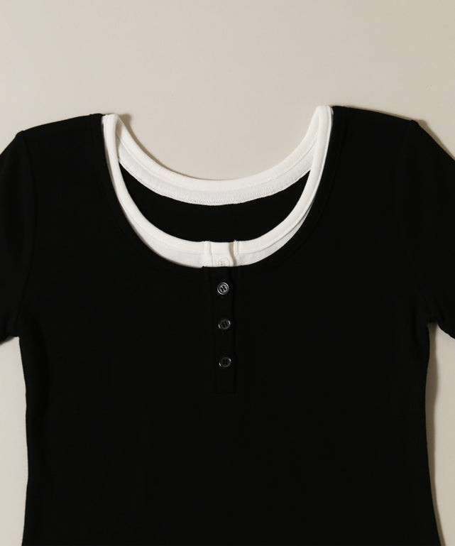 フェイクレイヤードヘンリーネックTシャツ