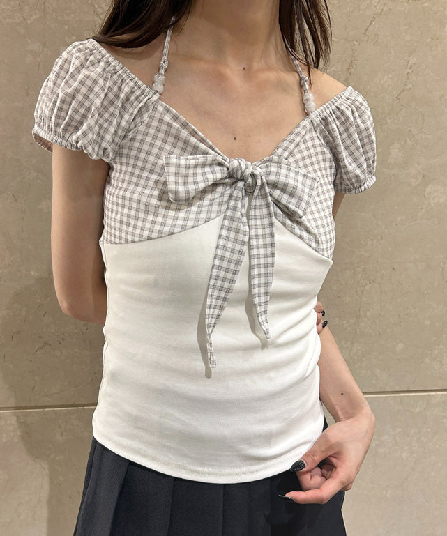 チェック切り替えプチパフスリーブトップス/ホワイト モデル：157㎝ F着用