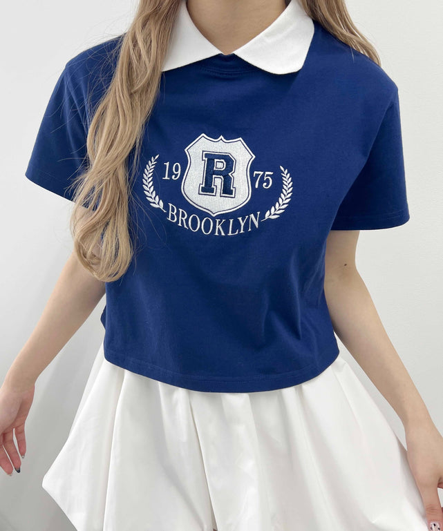 襟付きカレッジ刺繍Tシャツ/ネイビー モデル：160㎝ F着用