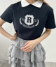 襟付きカレッジ刺繍Tシャツ/ブラック モデル：160㎝ F着用