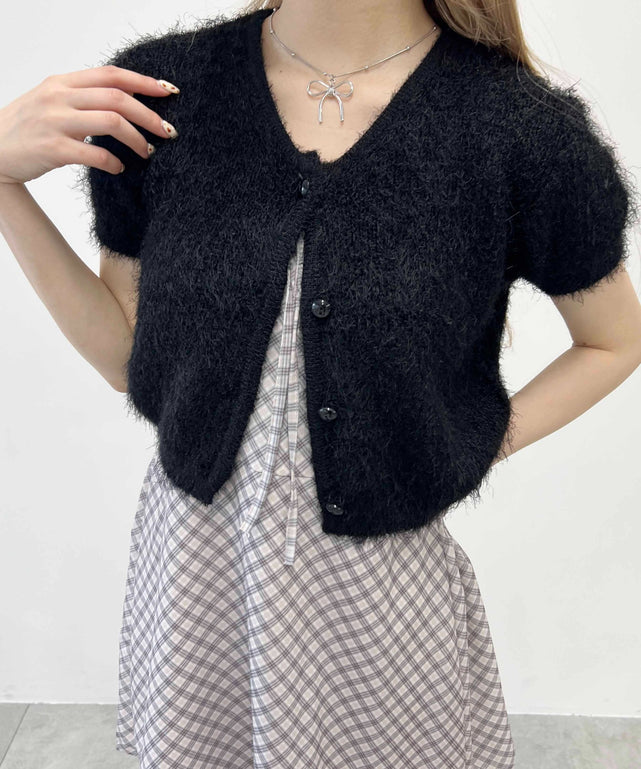 コンパクトシャギー半袖カーディガン/ブラック モデル：160㎝ F着用