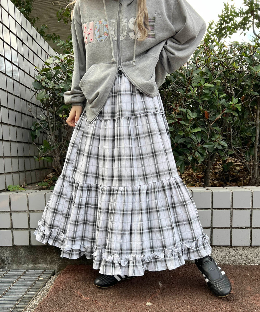 オンブレチェックティアードロングスカート