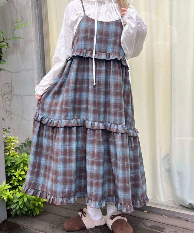 ネルチェックロングキャミワンピース/ブラウン モデル：160㎝ F着用