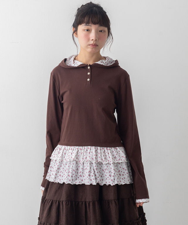 ヘンリーネックフードロンT/ブラウン モデル：166㎝ F着用