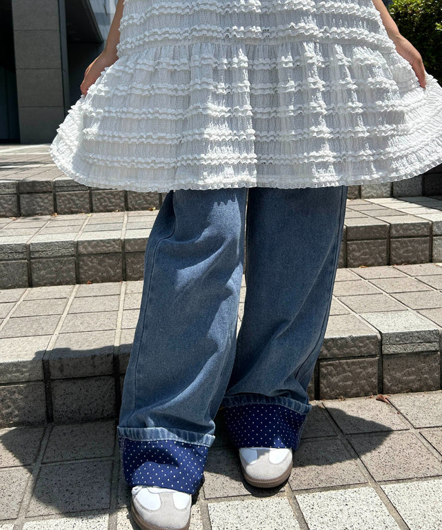 ドット折り返しデニムパンツ/デニム モデル：157㎝ F着用