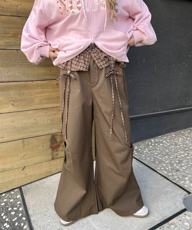 チェックレイヤードワイドパンツ/ブラウン モデル：160㎝ F着用