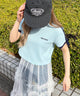 リボンポイント2ラインワッフルTシャツ/サックス モデル：160㎝ F着用
