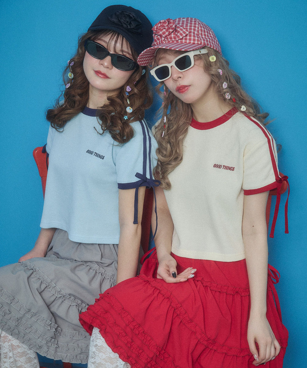 リボンポイント2ラインワッフルTシャツ