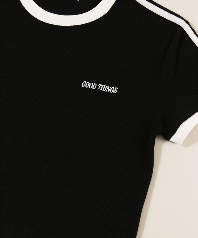 リボンポイント2ラインワッフルTシャツ