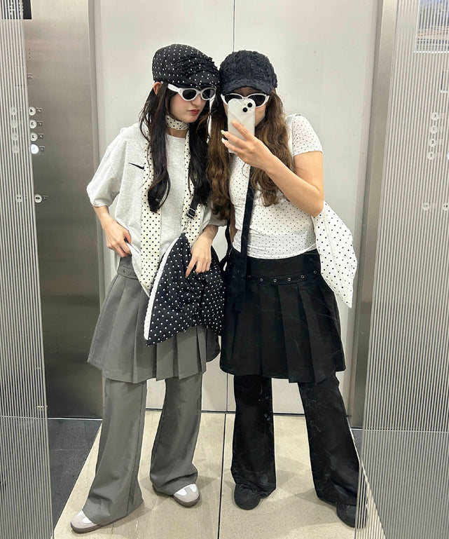 プリーツレイヤードフレアパンツ