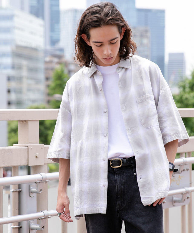 オンブレチェックBIGシャツ/グレー系チェック1 モデル：174㎝ L着用