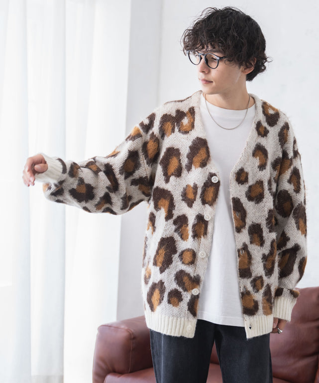 モヘアライク総柄BIGカーディガン/柄3 モデル：175cm L着用