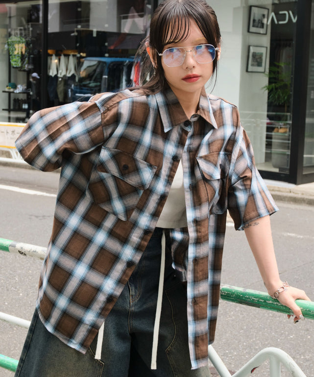 オンブレチェックシャツ（SS）/柄5 モデル：159cm S着用