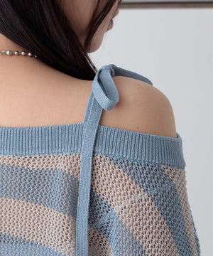 刺繍ロゴワンショルメッシュニット