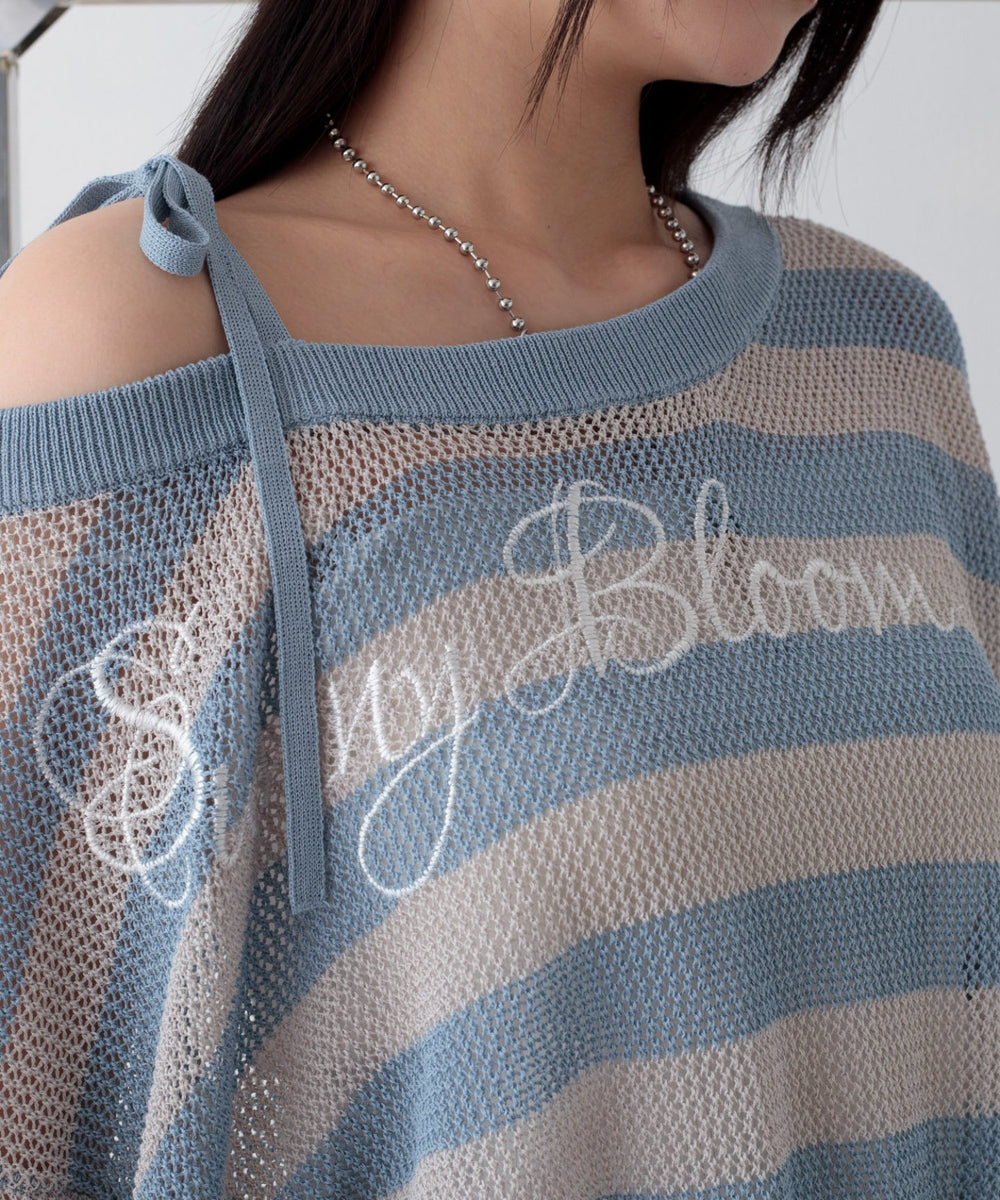 刺繍ロゴワンショルメッシュニット