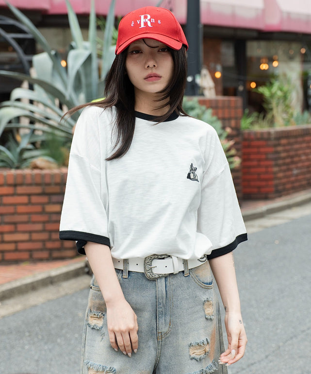 ワンポイント刺繍リンガーT（SS）/ホワイト　モデル：159cm L着用