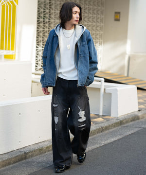 デニム中濃加工 モデル：182cm L着用