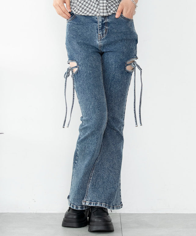 カットアウトリボンストレッチフレアデニムパンツ