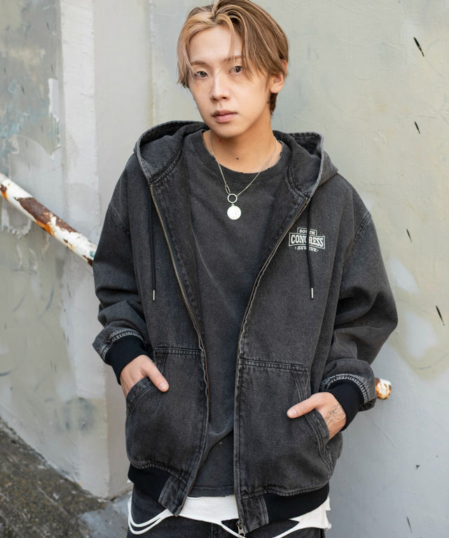 ワーカーズフードブルゾン/デニムブラックソノタ モデル：175cm L着用