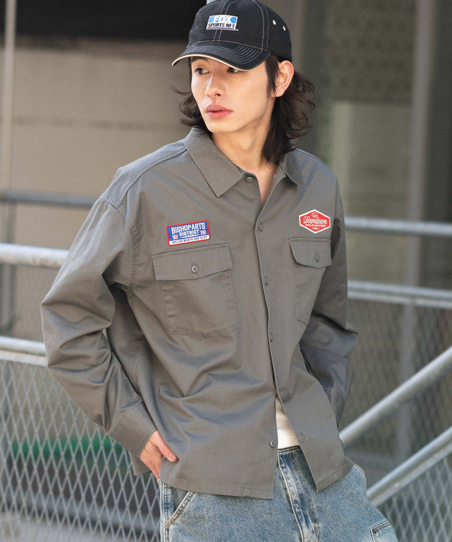 ワッペンワークシャツ（LS）/グレー モデル：182cm L着用
